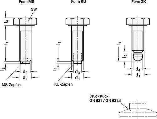 Ganter 933.5-M10-25-KU EDELSTAHL SECHSKANTSCHRAUBE MIT KUNSTSTOFFZAPFEN - GN 933-5 Sechskantschrauben mit Messing - Kunststoff Druckzapfen - Kugelzapfen - Edelstahl-Skizze