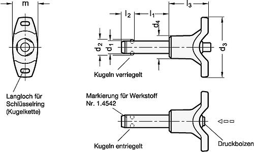 Ganter 113.8-10-100 Edelstahl Kugelsperrbolzen mit T Griff, Bolzen Werkstoff 1.4542 - GN 113-8 Edelstahl Kugelsperrbolzen mit T Griff - Bolzen -Skizze