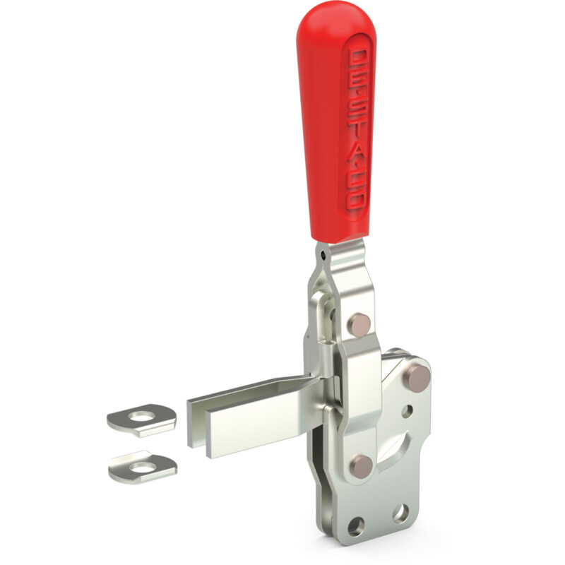 DESTACO 207-LBR Vertikal-Kniehebelspanner Haltekraft 1700 N - 2700 N, Öffnungswinkel 90° - 115° - DESTACO 207-UB-L Vertikalspanner - offener Spannarm - Fuss gerade - ohne Spindel