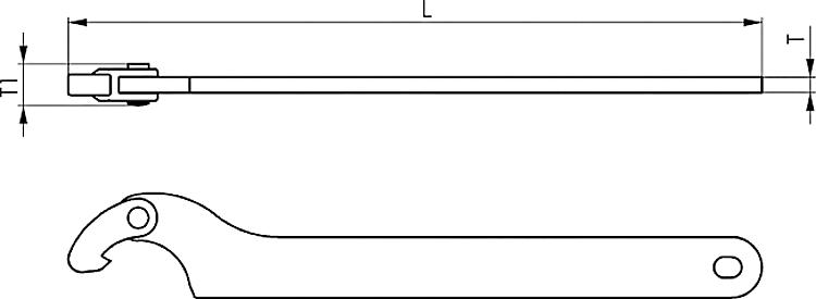 AMF 775SC-155-230 Gelenk-Hakenschlüssel mit Nase, Montageausführung, Größe : 155-230, L: 420, T: 8 - LE 775SC Gelenk-Hakenschluessel mit Nase - Montageausfuehrung-Skizze