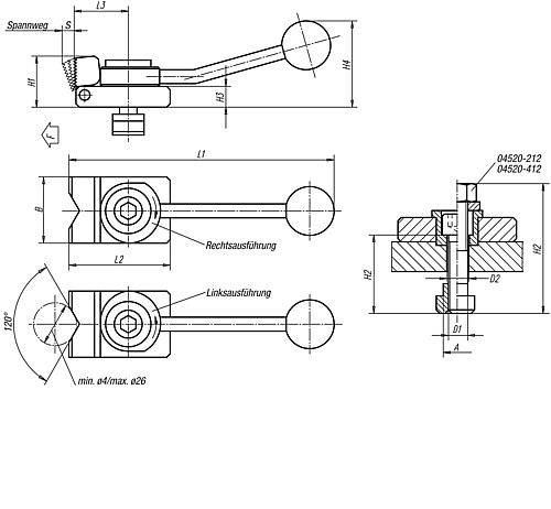 Norelem 04520-110X2 NIEDERZUGSPANNER, LINKSAUSFÜHRUNG MIT PRISMEN SPANNBACKE - Norelem 04520-PS Niederzugspanner Prismen Spannbacke