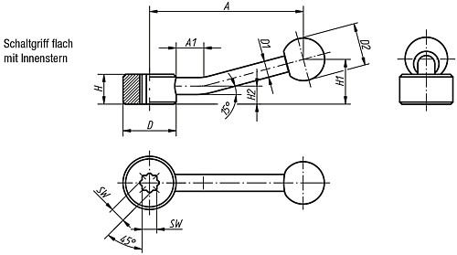 Kipp K0177.305 SCHALTGRIFF FLACH GR.1, SW 5,5 - KIPP K0177-IS Schaltgriffe flach mit Innenstern