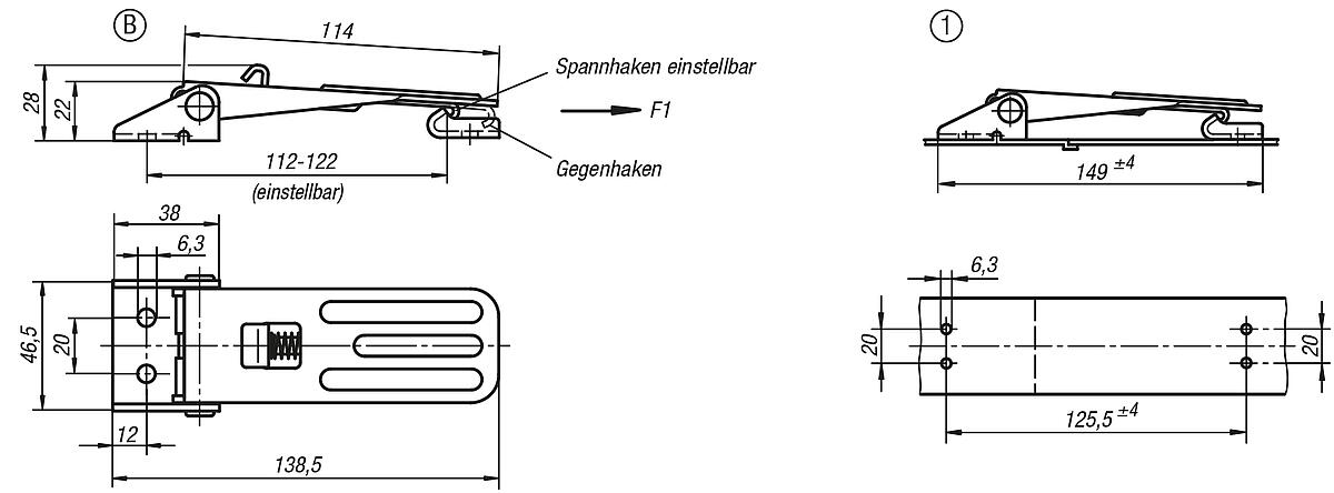 Kipp K0048.2631391 SPANNVERSCHLUSS EINSTELLBAR, FORM B, STAHL - K0048-SVB Spannverschluesse einstellbar Anschraubbohrungen sichtbar Form B - Massblatt