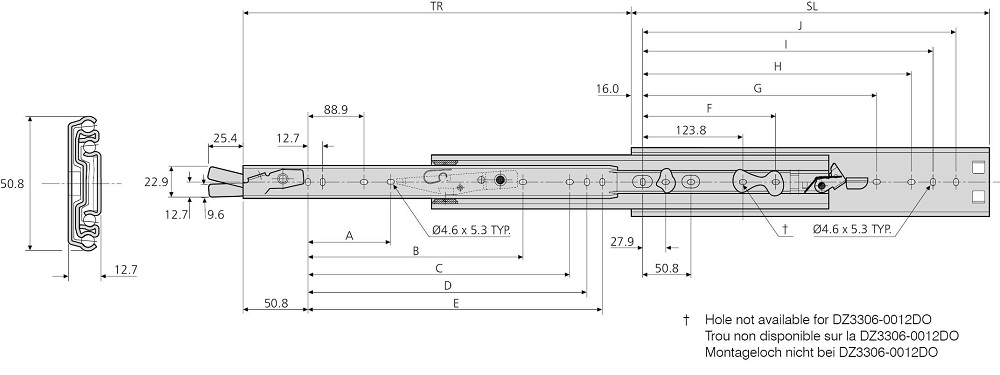 Accuride DZ3306-0012D0-2 Schiene für mittlere Beanspruchung, 100% Überauszug, 12,7x50,8, SL 305, TR 330, 68 kg, hell verzinkt - Accuride DZ3306-DO-2 - TZ