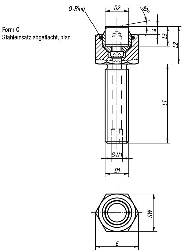Kipp K0289.112X020 PENDELAUFLAGE FORM C MIT O RING, D1=M12, L1=20 - KIPP K0289-C Pendelauflagen verstellbar - mit O Ring und auswechselbaren Einsaetzen - Form C