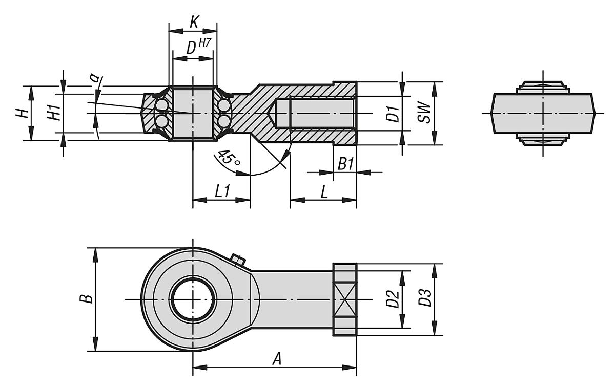 Norelem 27626-101 GELENKKOPF M. KUGELLAGERUNG LINKS, D=10H7 - NLM 27626 Gelenkkoepfe mit Kugellagerung Innengewinde - Massblatt