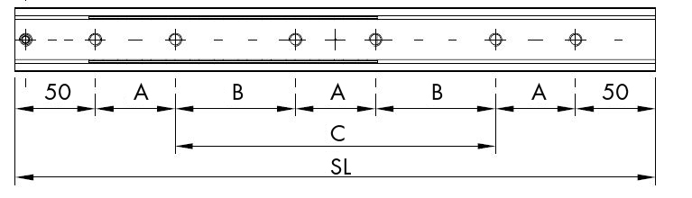 Leschhorn HPTV 6030-105-ST Hochpräzise Schwerlast Teskopschiene, Vollauszug, Profil 60x30; A= 1050, Gewinde= M8, Lastwert 6350Kg,  Stahl C45E+C (1.1191) verzinkt - HP6030 Bemassung Bohrbild