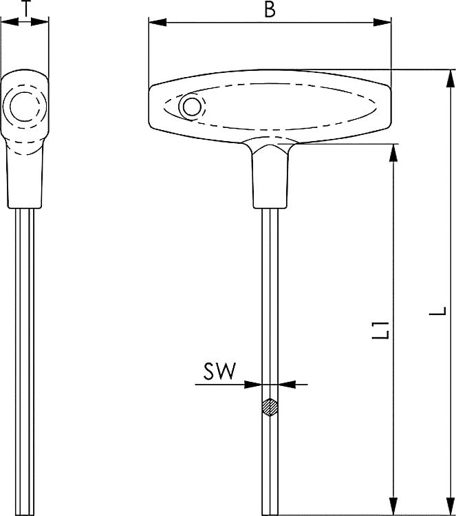AMF 906Q- 2  X100 Sechskantschraubendreher (mm) mit Quergriff, SW: 5/64 Zoll, B: 80, L: 125 - LE 906Q Sechskantschraubendreher -mm- mit Quergriff-Skizze
