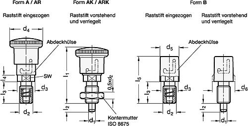 Ganter 816.1-6-M12X1,5-AK VERRIEGELUNGSBOLZEN MIT KNOPF, AUSF. "DRÜCKEN" - GN 816-1 Verriegelungsbolzen - Raststift eingezogen-Skizze