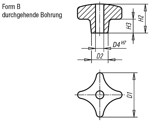 Kipp K0145.204008 KREUZGRIFF FORM B, D1=40, D4=8H7, ALU, GEROMMELT - KIPP K0145-B Kreuzgriffe aehnlich DIN 6335 aus Alum