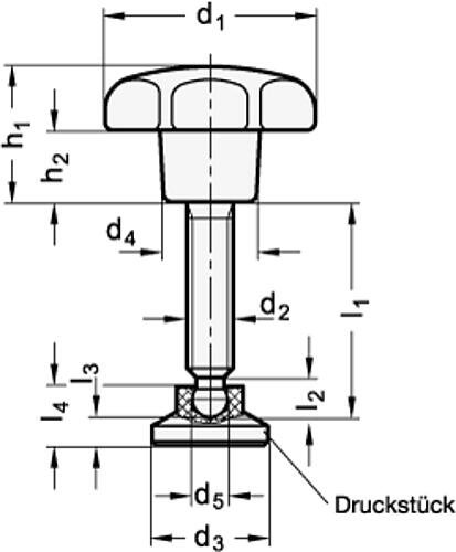 Ganter 6336.12-63-M12-80-50 Sterngriffschrauben, Schraube Edelstahl - GN 6336-12 Sterngriffschrauben mit beweglichem Druckstueck-Skizze