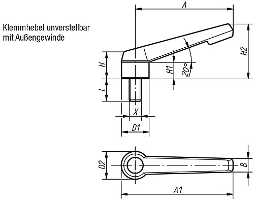 Kipp K0175.105X20 KLEMMHEBEL UNVERSTELLBAR GR.1, M5X20 - KIPP K0175-AG Klemmhebel unverstellbar mit Aussenge
