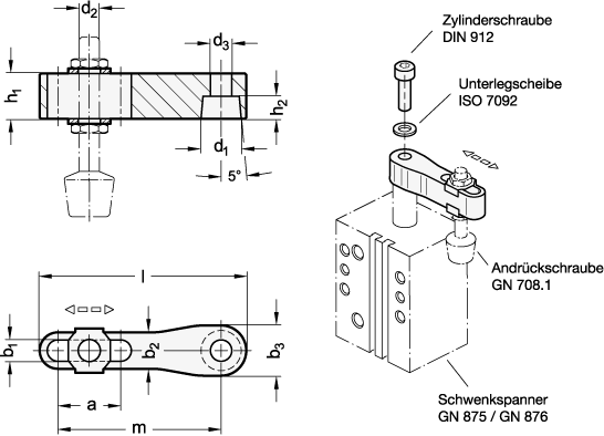 Ganter 875.2-AL-12-48-HE  Spannarme mit Langloch, für Schwenkspanner GN 875 / GN 876, d1: 12, m: 48, Oberfläche: HE - harteloxiert - GN 875-2 Spannarme mit Langloch - fuer Schwenkspanner GN 875 - GN 876 - Massblatt