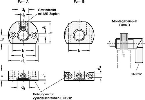 Ganter 612.1-M12X1,5-A HALTESTÜCK (BOHRUNG PARALLEL Z. RASTR.) - GN 612-1 Haltestuecke - Stahl-Skizze