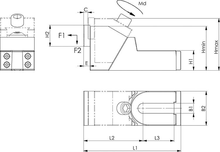 AMF 6497G-19 Stabilspannbacken, geschlossen, Nut: 12141618, B1: 19, F1*: 8152028 kN, F2*: 1,22,23,04,2 kN - LE 6497G Stabilspannbacken - geschlossen -Skizze