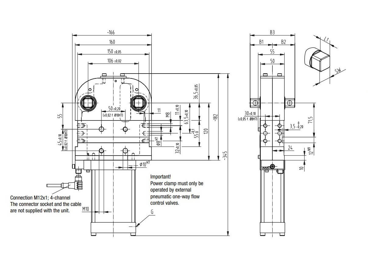 DESTACO 82D40-203C900 Automations-Kraftspanner Haltemoment  55 Nm Spannmoment 55 Nm  Zylinder Ø40 max. Öffnungswinkel 180° Mit Spannarm Mit Abfragung - DESTACO 82D40-2 82D63-5 Automations-Kraftspanner-Skizze-2