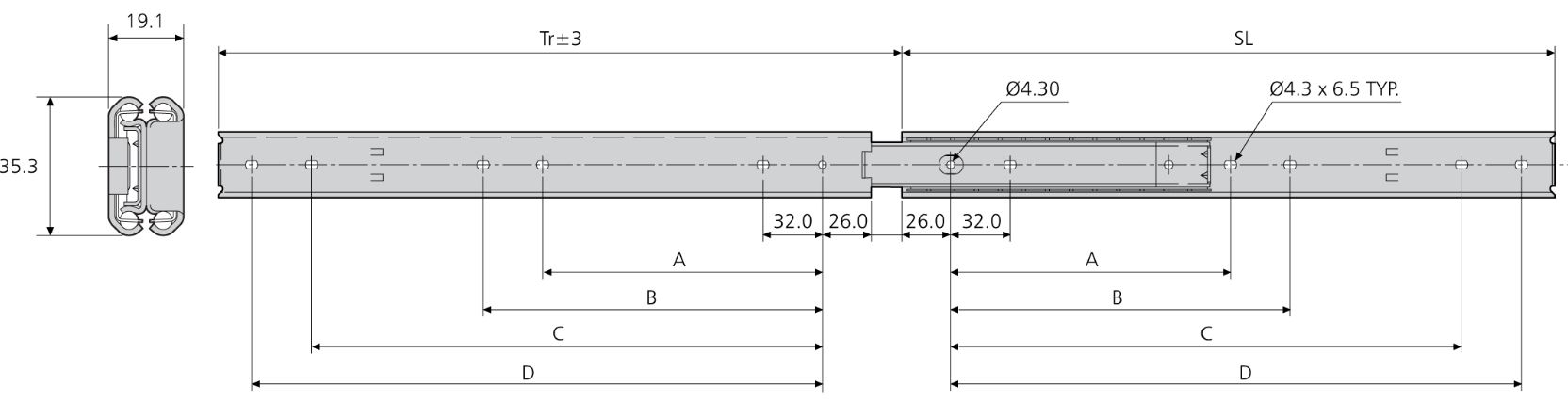Accuride DS3031-0065 Edelstahl Teleskopschienen Überauszug, 19,1x35,3, 65kg - DS3031 Accuride Teleskopschiene TZ
