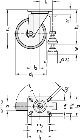 Ganter 22882-100-G-S-L-ST  Transportrollen, Laufbelag Polyurethan, Radkörper Polyamid, leichte Ausführung, mit Gelenkfuß, Raddurchmesser d1: 100, Lagerart: G - Gleitlager, Form (Gehäuse): S - Lenkrolle mit Anschraubplatte, mit Gelenkfuß - GN 22882 Transportrollen-Laufbelag Polyurethan-Radkoerper Polyamid-leicht-Gelenkfuss-Massblatt