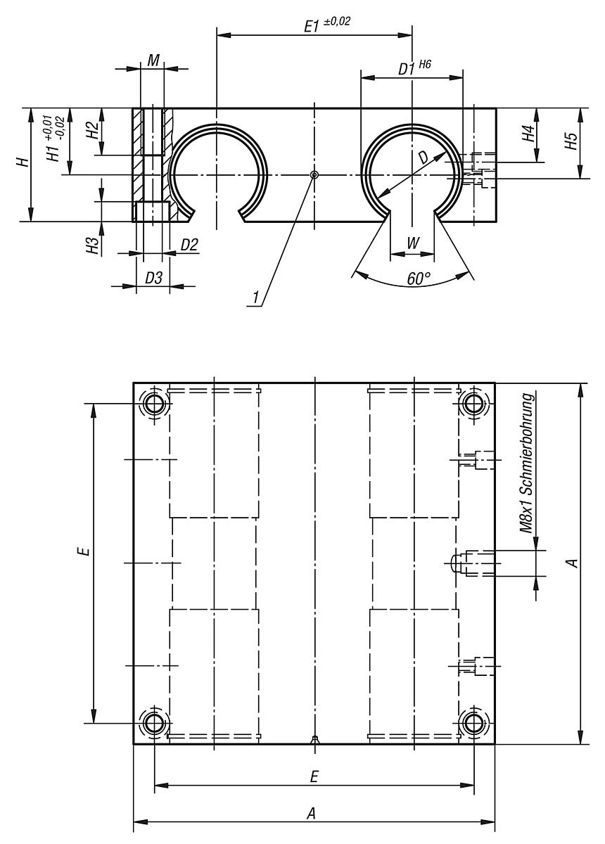 Norelem 21555-121012 LINEARGEHÄUSEEINHEIT D=12, QUADRO, MIT KUGELLAGER 21510 1212 - NLM 21555 Lineargehaeuseeinheiten  Quadro - offen - Massblatt