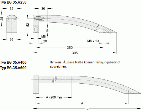 Leschhorn BG-35.A600.14   Bogengriffe mit geraden Griffschenkel A 600,  schwarz eloxiert - Griff aus Einzelelementen, komplett montiert - Leschhorn BG-35 Bogengriffe mit geraden Griffschenkel
