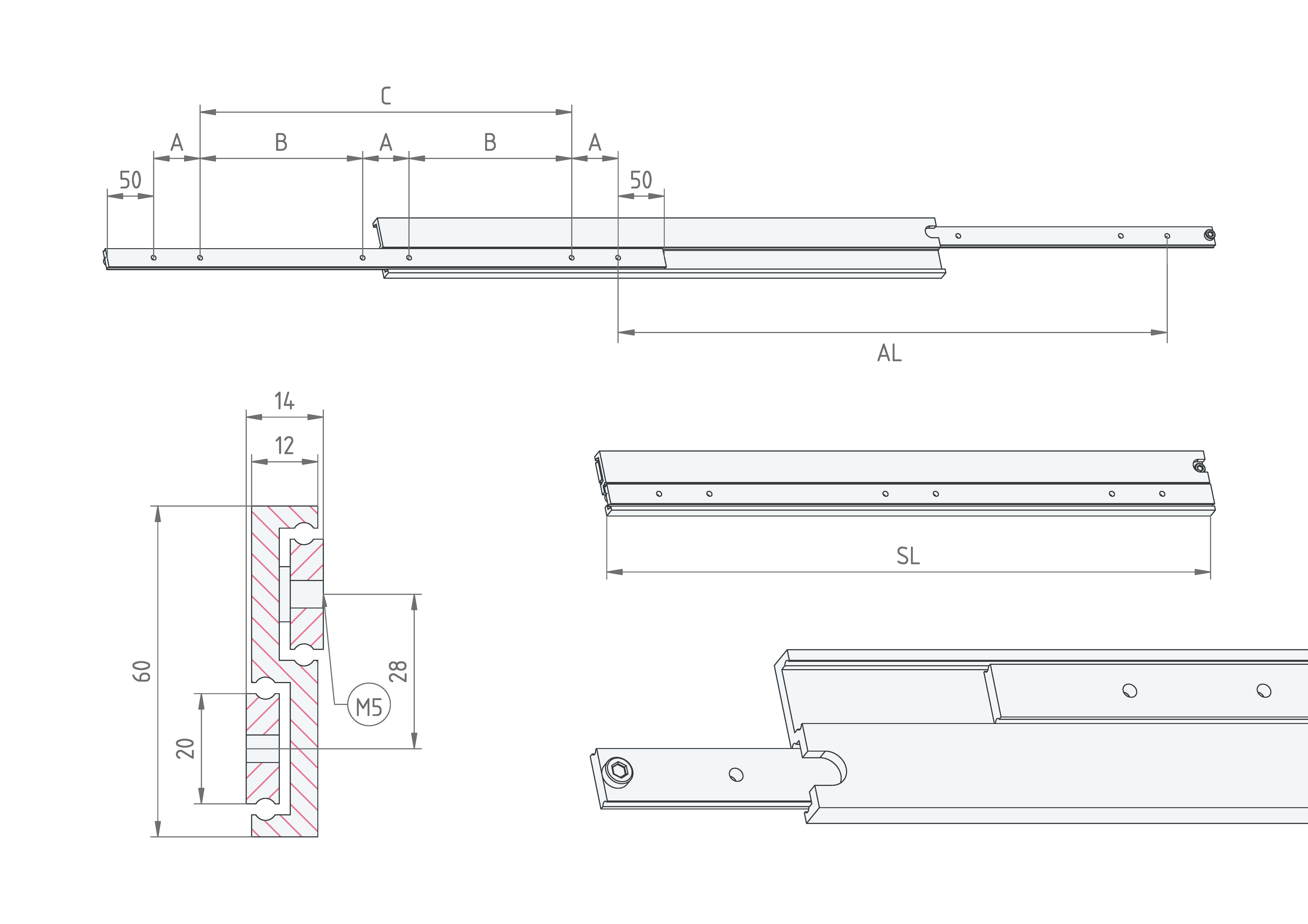 Leschhorn HPSV 6014-0200-GG-ST Hochpräzise Schwerlast-Teleskopschienen, S-Profil 60x14, Vollauszug, A=200, GG: Gewinde M5/Gewinde M5, Lastwert 130kg, Stahl verzinkt - LE HPSV-6014 Technische Zeichnung