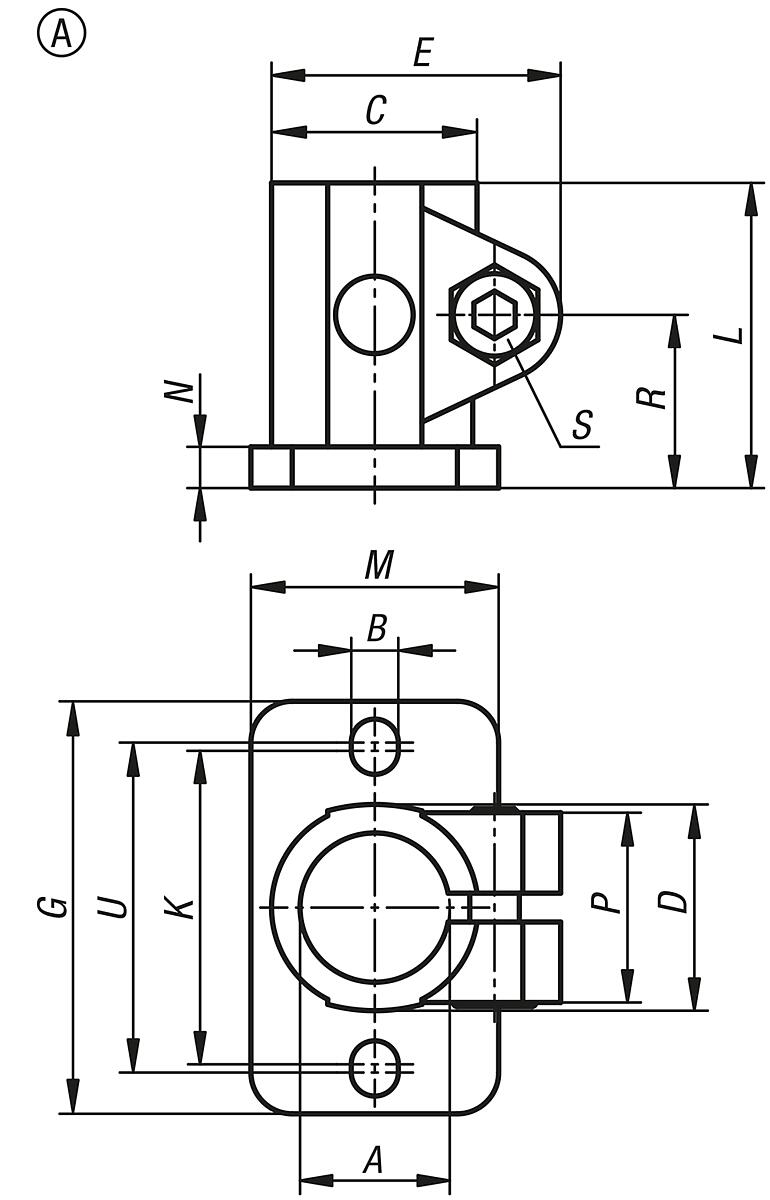 Norelem 29010-120 ROHRVERBINDER MIT FUß M=30 G=50 L=37, FORM:A EDELSTAHL, FÜR RUNDROHRE, A=20,1 - NLM 29010-NI Rohrverbinder Fuss Edelstahl - Form A und B - Massblatt