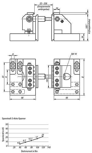 Kipp K0940.063100 3 ACHS SPANNER FÜR T NUTEN (NUTENABSTAND 63 126) - KIPP K0940 3 Achs Spanner fuer T Nuten