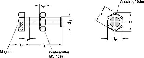 Ganter 251.6-M6-20-ND Anschlagschrauben mit Haltemagnet, Stahl - GN 251-6 Anschlagschrauben mit Haltemagnet - Stahl-Skizze