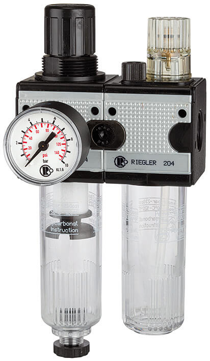 RIEGLER CL 11 K-HA Wartungseinheit 2-tlg. »multifix«, mit PC-Behälter, BG 1, G 1/4 - LE71512 CL 33 K-HA Wartungseinheit - zweiteilig mit Polycarbonatbehaelter und Tropfaufsatz aus PA