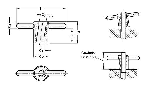 Ganter 6305.1-M10-ST Schnellspann Knebelmuttern - GN 6305-1 Schnellspann Knebelmuttern-Skizze