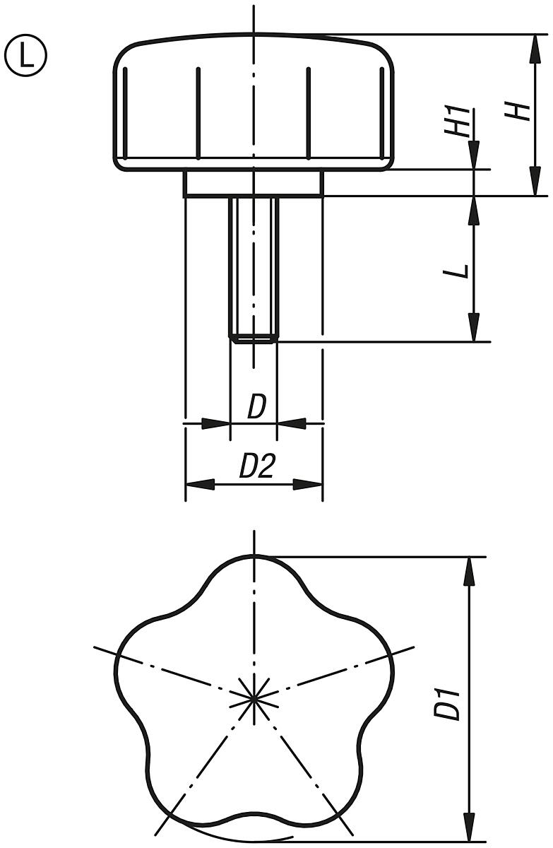 Kipp K0279.5008X16 ST FÜNFSTERNGRIFF, D3=50, M8X16 - K0279-AG Fuenfsterngriffe mit Aussengewinde - Massblatt