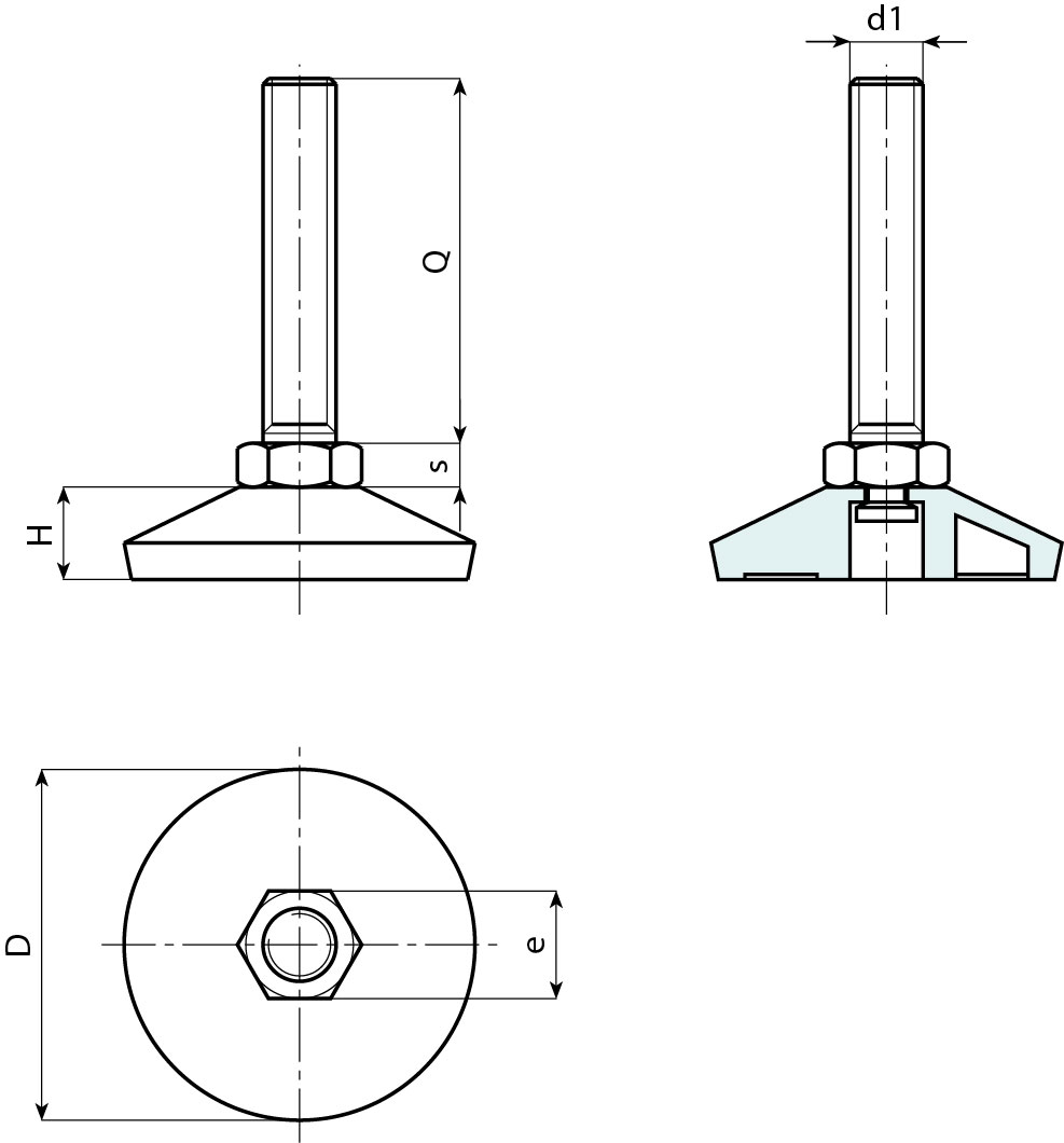 Leschhorn P203 Stellfüße  D 37; H 11,5; Gewinde d1 M10; Kunststoff PA, schwarz, - Boteco P203 Stellfuesse