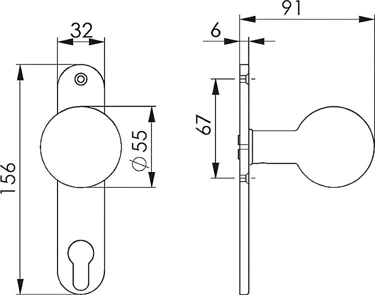 AMF 432Z Türknopf, gerade, drehbar: -, fest: Ja, Kurzschild: 32 x 156 x 6 mm - LE 432 Tuerknopf - gerade -Skizze