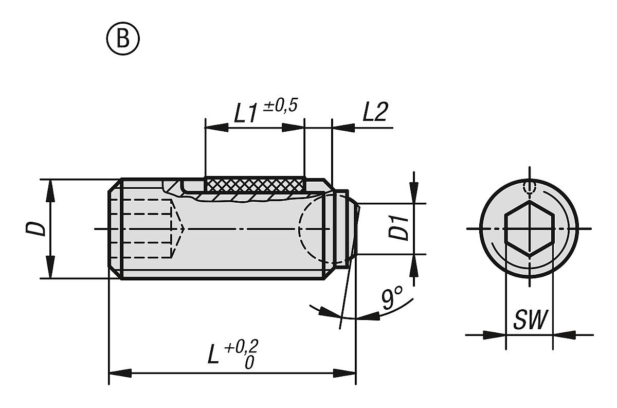 Norelem 07105-21650 KUGELDRUCKSCHRAUBE FORM B LONG LOK OHNE KOPF, D1=M16, L2=50 - NLM 07105 Kugeldruckschrauben ohne Kopf  mit abgeflachter Kugel LONG LOK gesichert - Massblatt