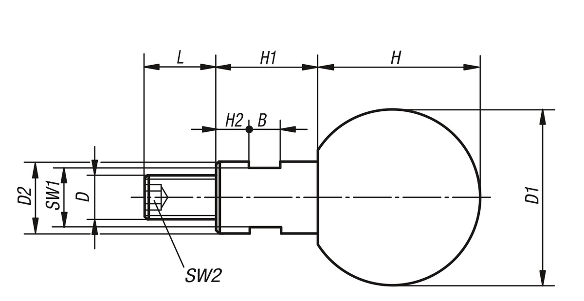 Norelem 06353-061 KUGELGRIFF DREHBAR D1=25 D=M06X11, DUROPLAST, KOMP:STAHL - NLM 06353-AG Kugelgriffe drehbar mit Aussengewinde-Skizze