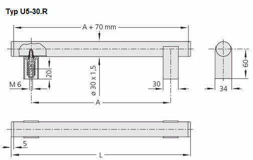 Leschhorn U5-30.R350.01   U5 Rohrgriffserie rückseitige Befestigung A 350,  Schenkel schwarz / Rohr natur - Griff aus Einzelelementen, komplett montiert - Leschhorn U5 Rohrgriffserie - Zeichnung Typ U5-30-R