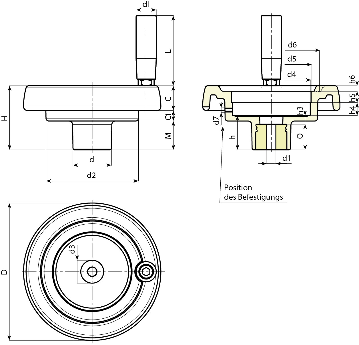 Leschhorn K907 Scheibenhandräder mit Griff für Positionsanzeigen  D 175; d5 87 (S80/1); d1 6,8 H9 - Boteco K907 Speichenhandraeder mit Griff fuer Positionsanzeigen
