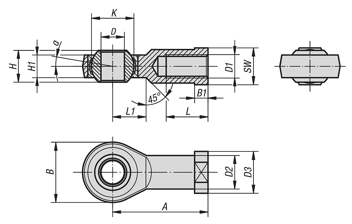 Kipp K0723.101251 GELENKKOPF M. GLEITLAGERUNG LINKS, D=10H7 - K0723 Gelenkkoepfe mit Gleitlagerung Innengewinde - Massreihe E - Massblatt