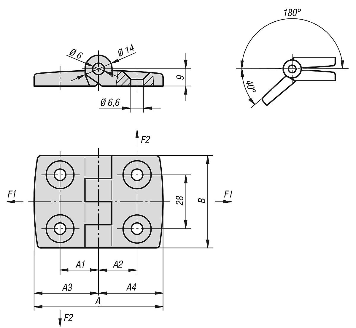 Kipp K0580.352020 SCHARNIER AUS ALUMINIUM, - K0580 Scharniere aus Aluminium - Massblatt