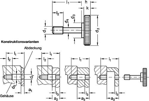 Ganter 653.2-M8-34-NI Edelstahl Rändelschrauben mit dünnem Schaft zur Verliersicherung - GN 653-2 Edelstahl Raendelschrauben mit duennem Schaft zur Verliersicherung-Skizze