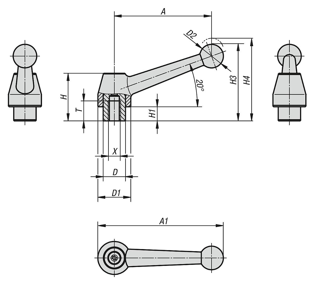 Kipp K0121.1110 STAHLKLEMMHEBEL GR.1  M10     EDELSTAHL - K0121 Klemmhebel Edelstahl mit Innengewinde - Massblatt