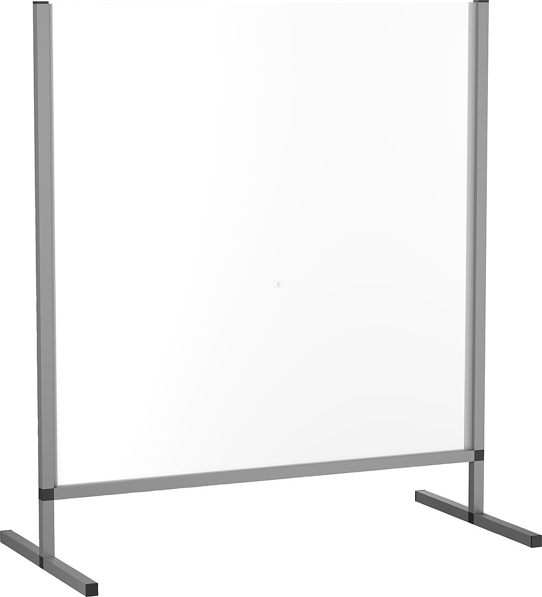 Kipp K1081.11 HYGIENEschutz, Tischaufsteller freistehend, Höhe komplett 1025mm, Höhe Durchsreiche 145mm, Breite 900mm, Länge Fuß 530, Vierkantprofil, Rahmen oben offen, Acrylglas 850 x 850 mm, Stärke 4 mm - K1081-11 HYGIENEschutz -Tischaufsteller freistehend-Vierkantprofil -Rahmen oben offen