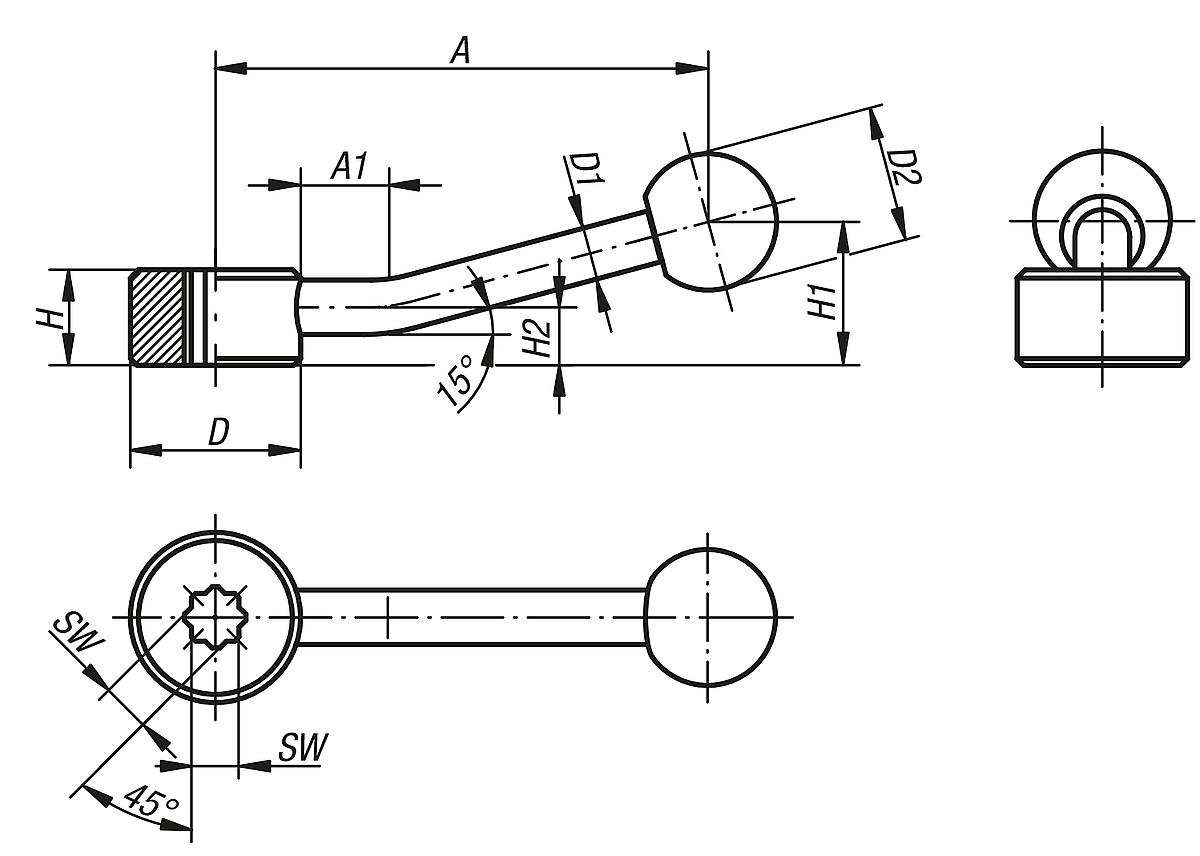 Norelem 06342-305 SCHALTGRIFF FLACH GR.1, SW 5,5 - NLM 06342-IS Schaltgriffe flach mit Innenstern - Massblatt