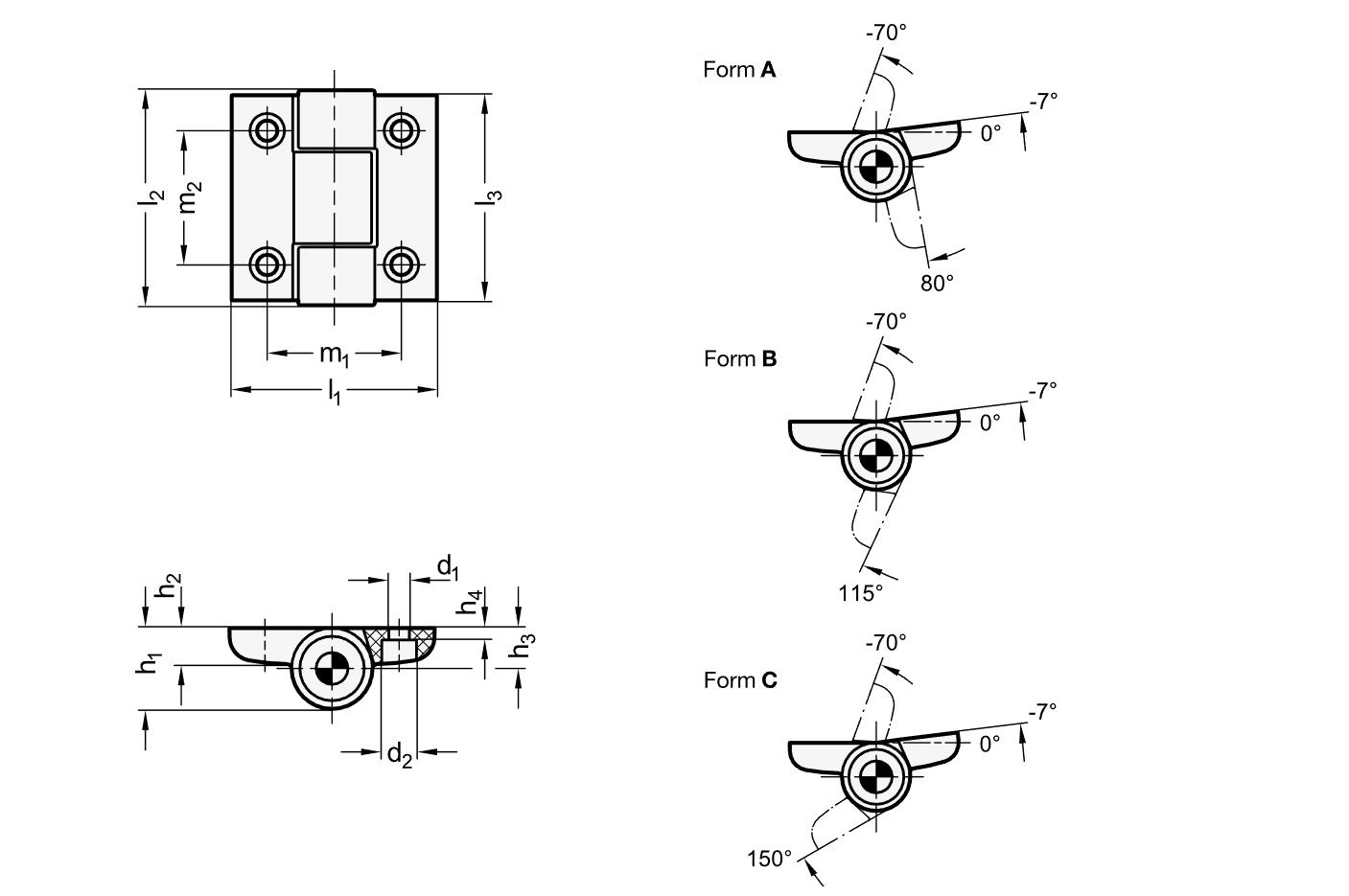 Ganter 233.4-52-53-A-1-SW Scharniere, Kunststoff, mit Rastung - GN-233-4-Scharniere-Kunststoff-mit-Rastung-Skizze