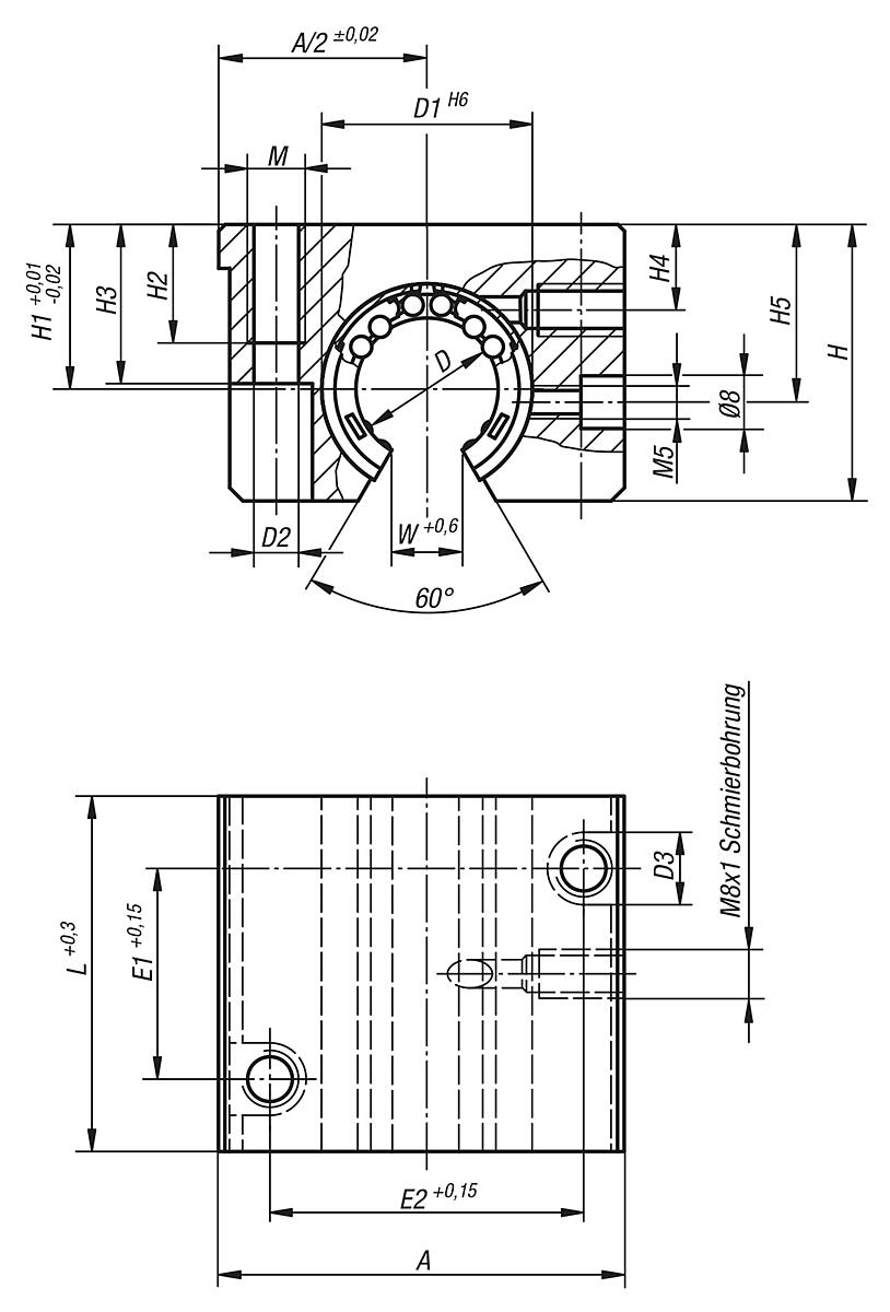 Norelem 21535-501012 LINEARGEHÄUSEEINHEIT EINZELN, OFFEN, LINEARKUGELLAGER MIT WINKELFEHLERAUSGLEICH D=50, ALUMINIUM - NLM 21535 Lineargehaeuseeinheiten  einzeln offen - mit Winkelfehlerausgleich  - Massblatt