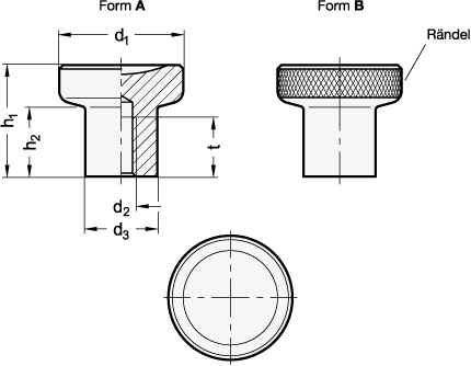 Ganter 676.2-21-M4-A  Knöpfe, Stahl, verzinkt, Griffdurchmesser d1: 21, Gewinde d2: M 4, Form: A - ohne Rändel - GN 676-2 Knoepfe - Stahl - verzinkt - Massblatt