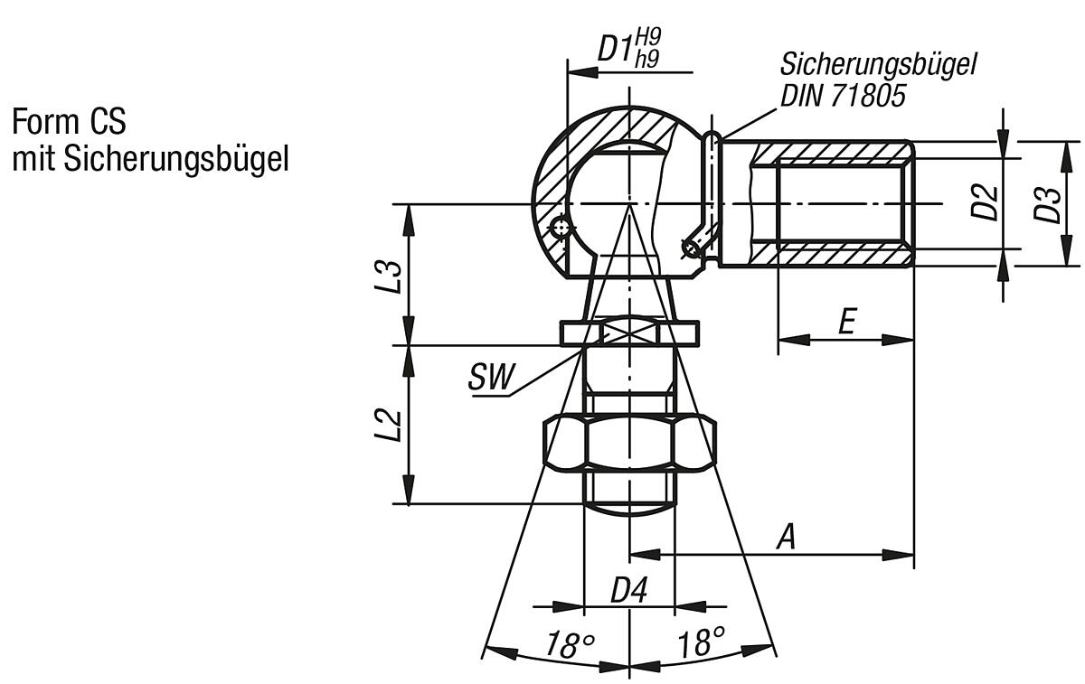 Kipp K0734.16121 WINKELGELENK FORM CS, D1=16, D2=M 12 - K0734-CS Winkelgelenke DIN 71802 Form CS - Massblatt