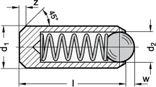 Ganter 614.3-10-NI Federnde Edelstahl Druckstücke, ohne Gewinde, mit Kugel - GN-614-3-Federnde-Druckstuecke-Edelstahl-ohne-Gewinde-mit-Kugel-Skizze