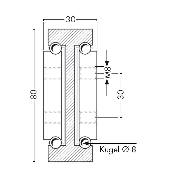 Leschhorn HPTV 8030-170-ST Hochpräzise Schwerlast Teleskopschienen, Vollauszug, Profil 80x30; L= 1700, Gewinde= M8, Lastwert 490Kg,  Stahl C45E+C (1.1191) verzinkt - LE HP8030 Profilquerschnitt