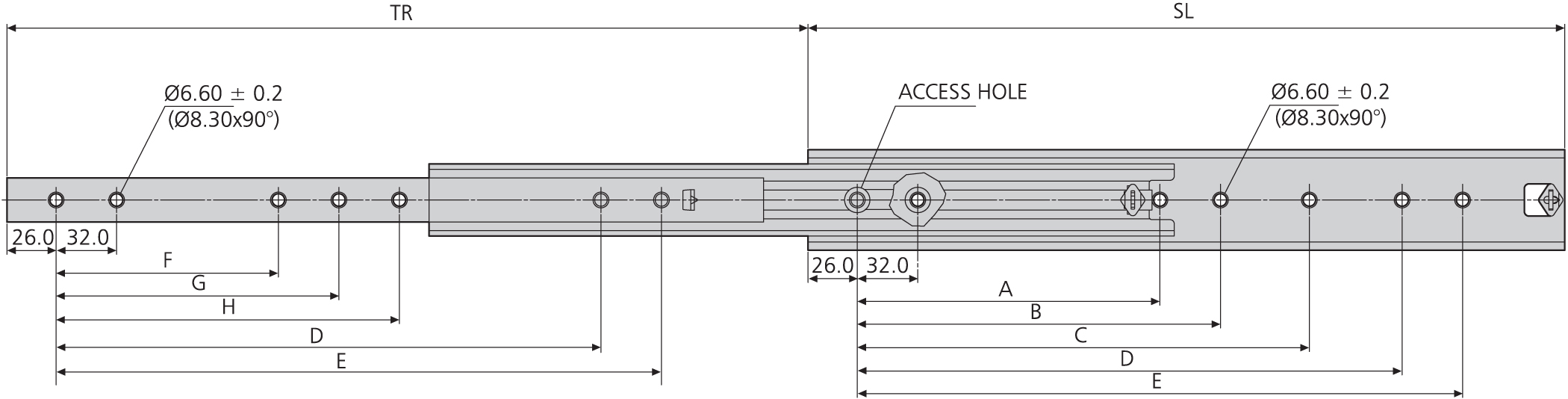 Accuride DZ5306-0060DO Teleskopschienen 100% Vollauszug, 19,1x53, SL 600, TR 623, 100kg - 5321 Accuride Teleskopschiene technische Zeichnung